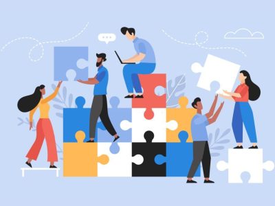 Teams People searching for creative solutions. Teamwork business concept. Modern vector illustration of people connecting puzzle elements